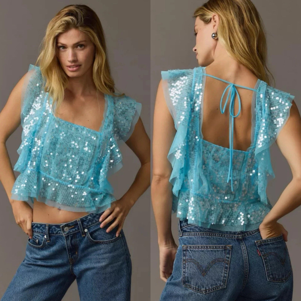 By Anthropologie Sequin Ruffled Tank L NWT